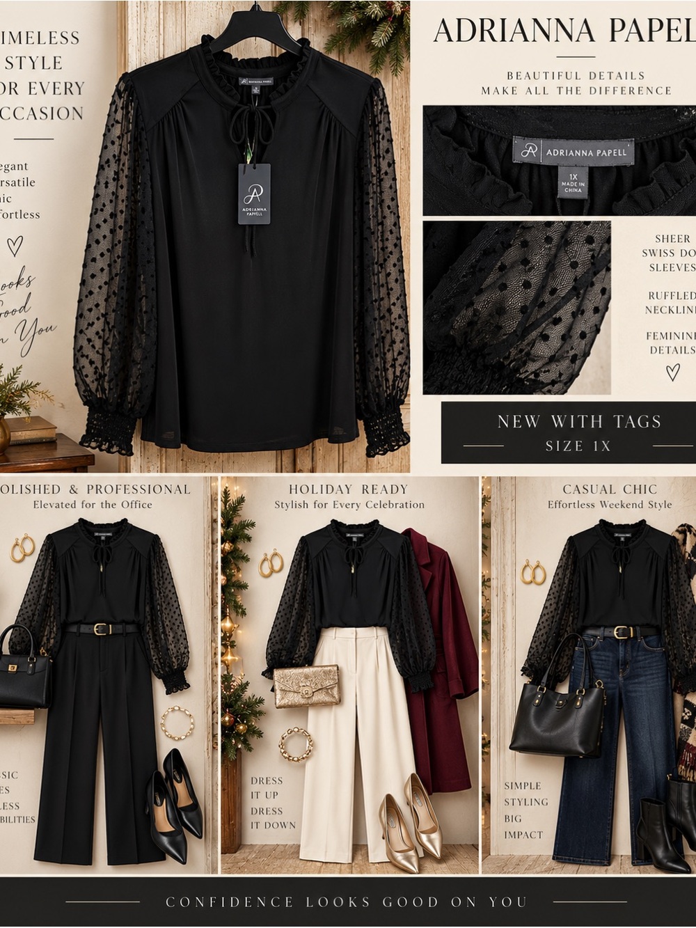 Adrianna Papell Black Sheer Dot-Sleeve Ruffle Tie Blouse